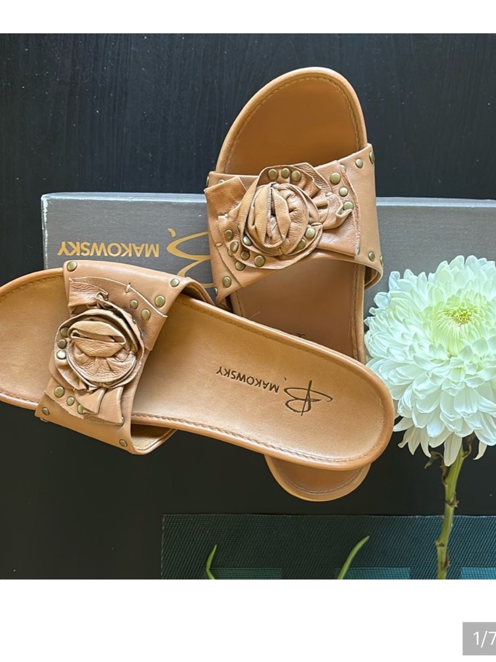 b. makowsky Tan Leather Slide Sandals with Floral Rosette